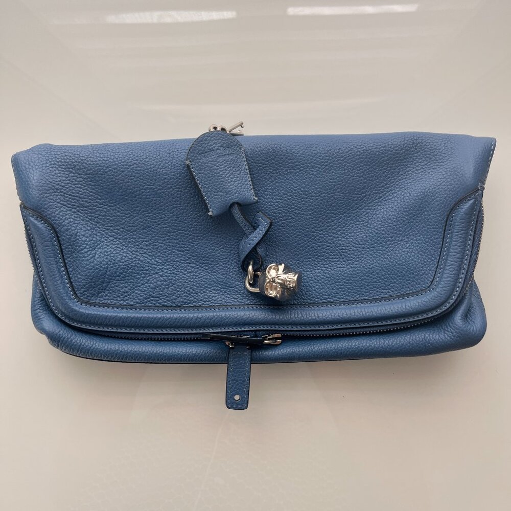 Authentic folding blue leather Alexander McQueen clutch & silver skull